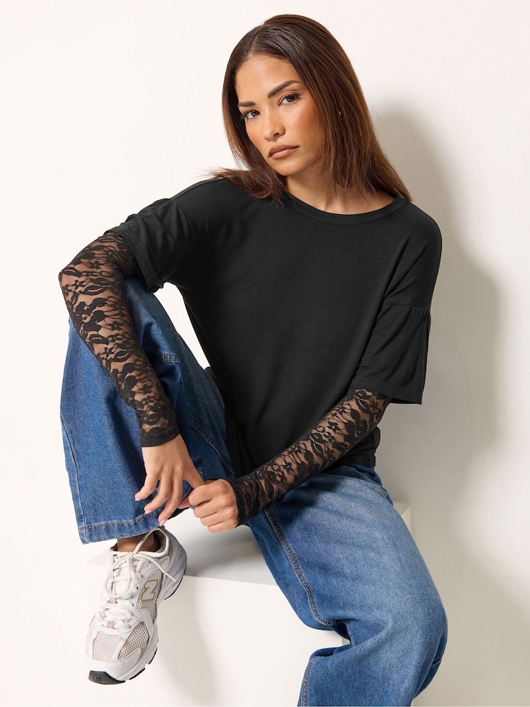 PixieGirl Petite Black Lace Sleeve T-Shirt - Image 1 of 5
