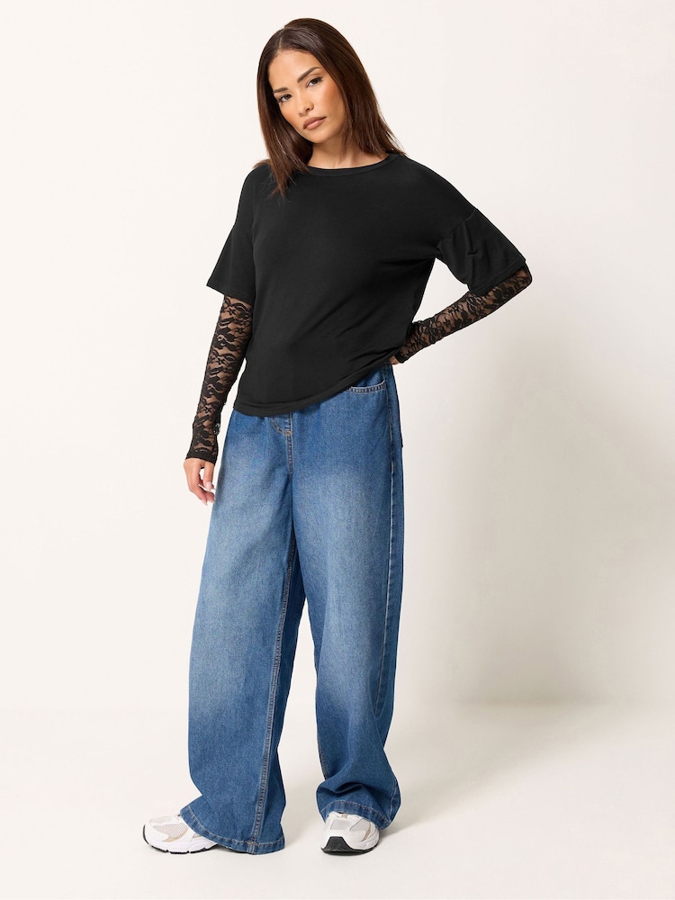 PixieGirl Petite Black Lace Sleeve T-Shirt - Image 2 of 5