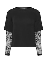 PixieGirl Petite Black Lace Sleeve T-Shirt - Image 5 of 5