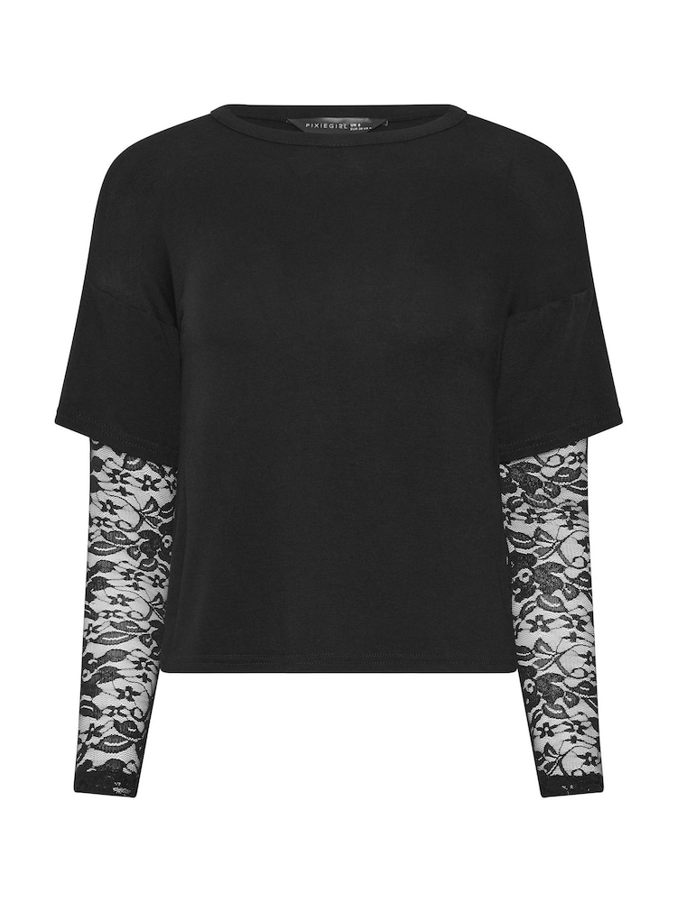 PixieGirl Petite Black Lace Sleeve T-Shirt - Image 5 of 5