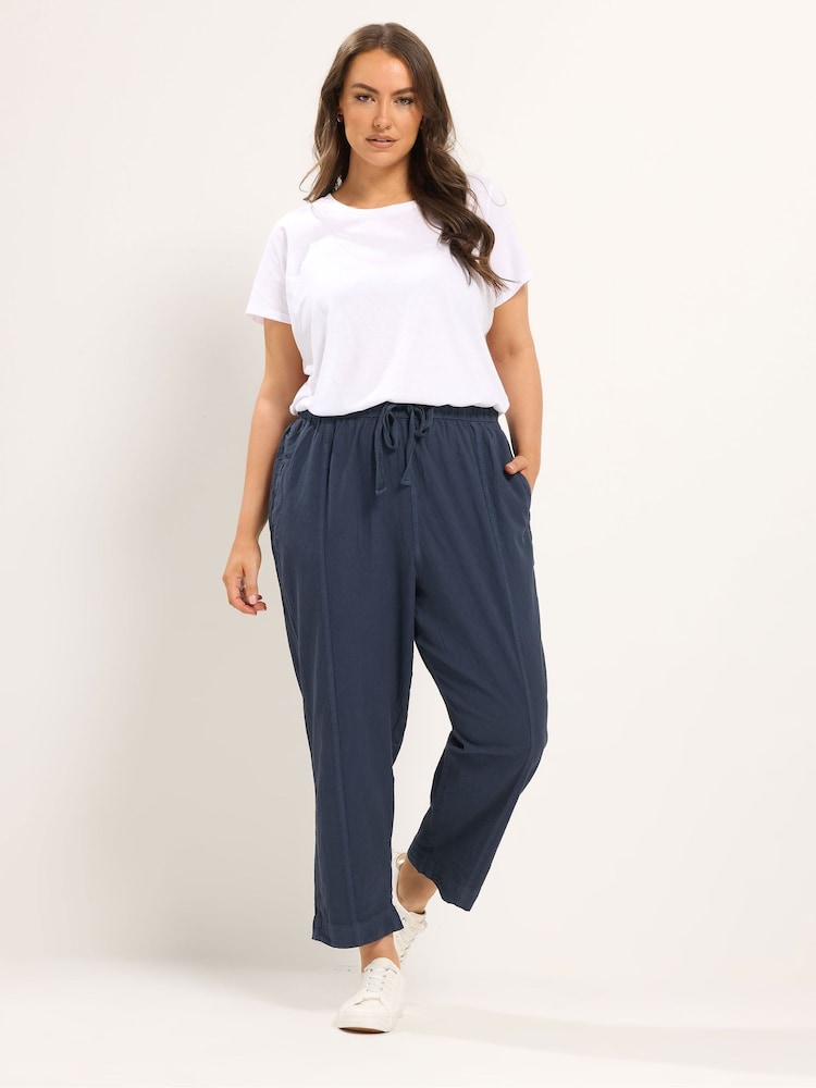Yours Curve Blue Cool Cotton Barrel Trousers - Image 2 of 4 Yours Curve Blue Cool Cotton Barrel Trousers - Image 2 of 4