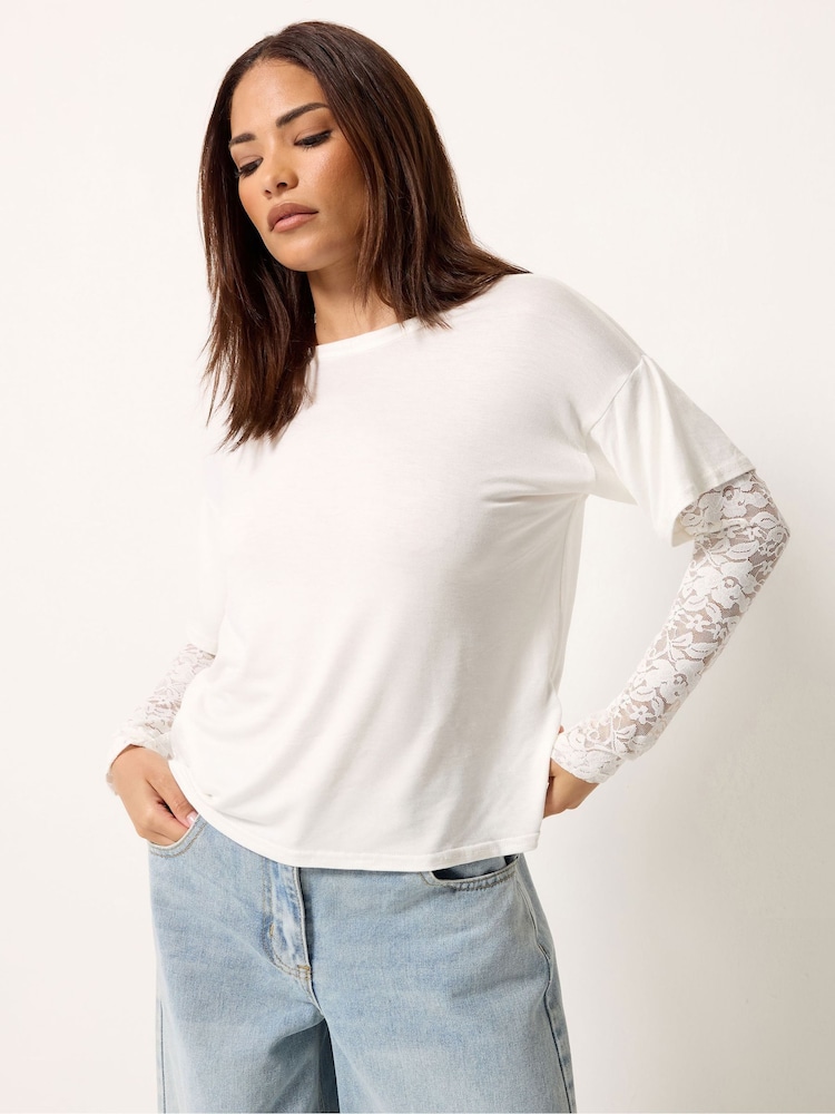 PixieGirl Petite White Lace Sleeve T-Shirt - Image 1 of 4