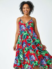 Roman Red Petite Tropical Hanky Hem Midi Dress - Image 1 of 5