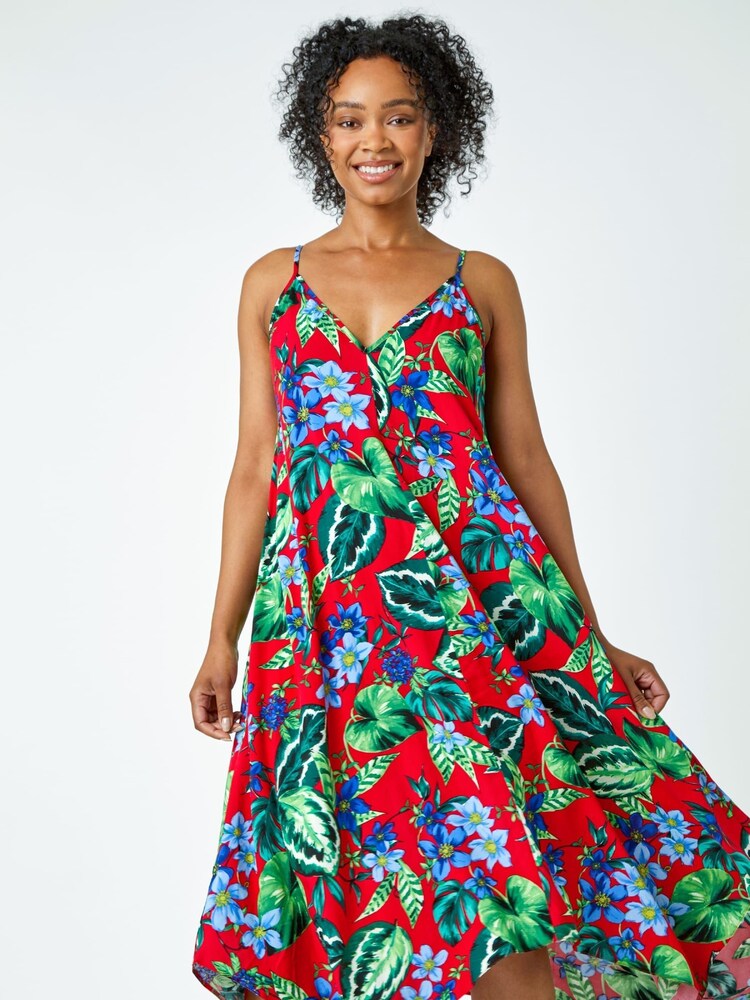 Roman Red Petite Tropical Hanky Hem Midi Dress - Image 1 of 5