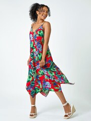 Roman Red Petite Tropical Hanky Hem Midi Dress - Image 3 of 5