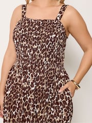 Yours Curve Brown Shirred Placket Dress - Image 4 of 5