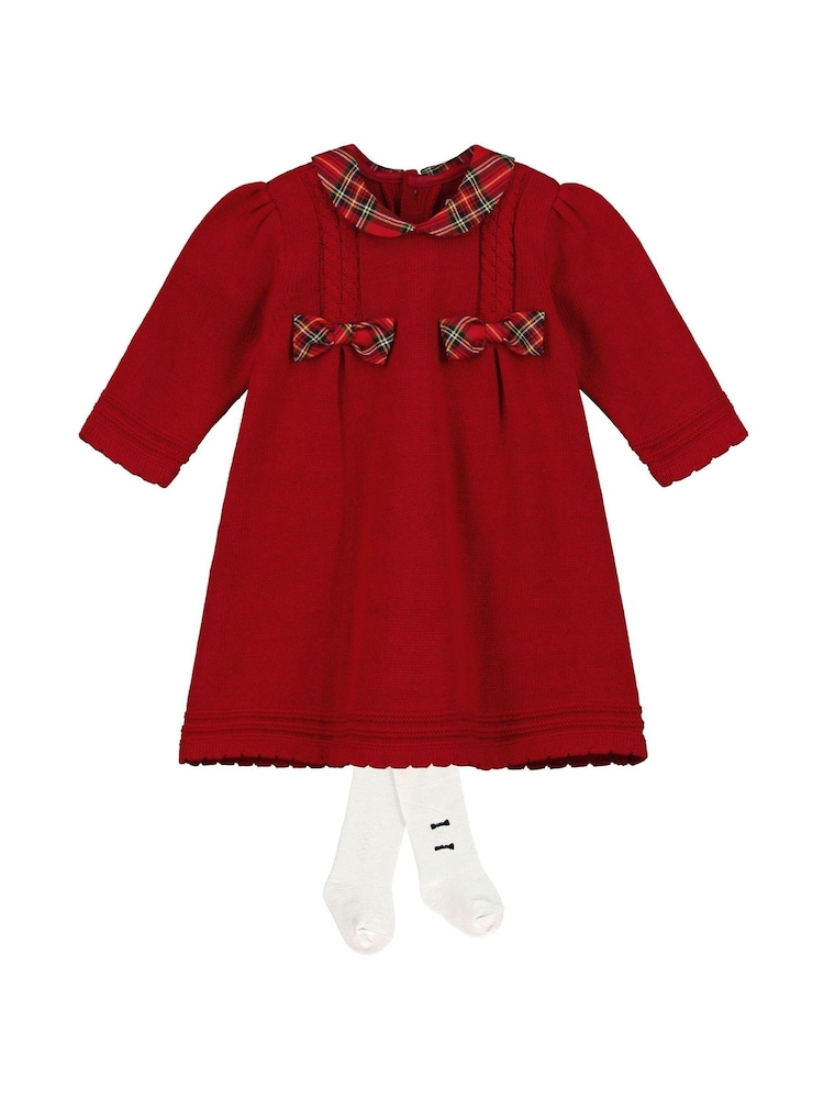 Emile Et Rose Red Knitted Bow Detail Christmas Dress & Tights - Image 2 of 4