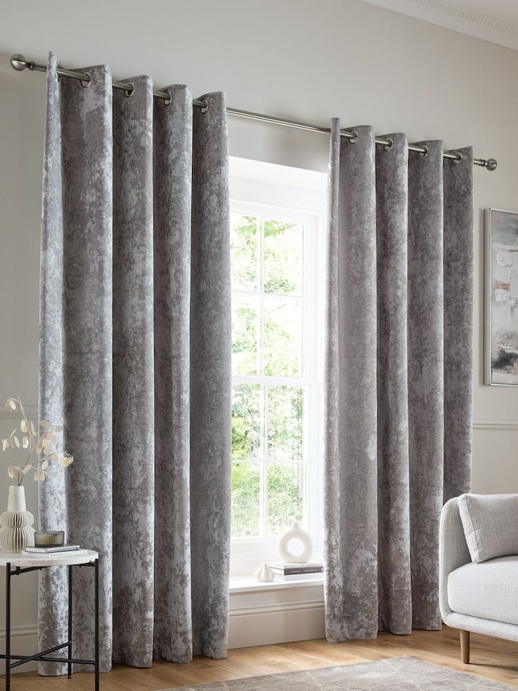 Catherine Lansfield Silver Crushed Velvet Lined Eyelet Curtains - Image 1 of 4 Catherine Lansfield Silver Crushed Velvet Lined Eyelet Curtains - Image 1 of 4
