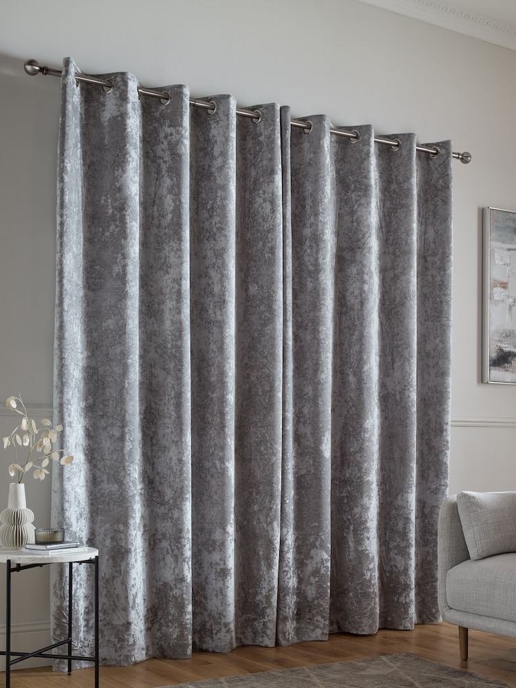 Catherine Lansfield Silver Crushed Velvet Lined Eyelet Curtains - Image 2 of 4 Catherine Lansfield Silver Crushed Velvet Lined Eyelet Curtains - Image 2 of 4