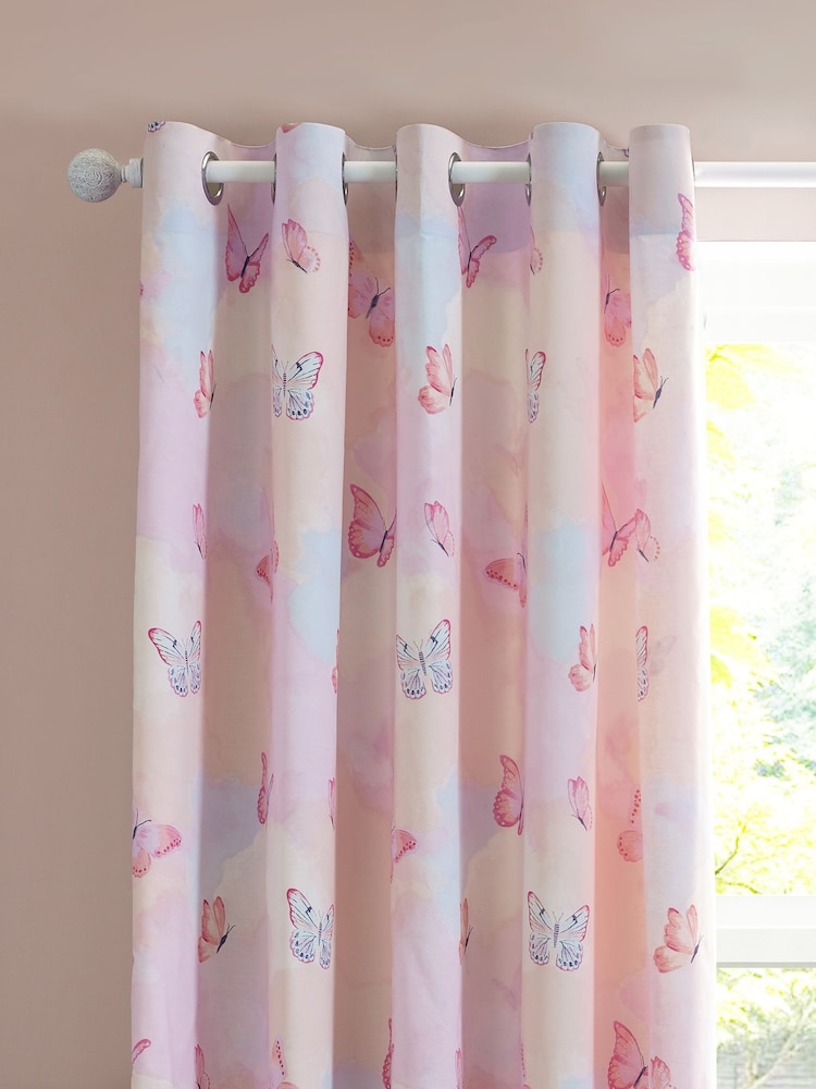 Catherine Lansfield Pink Ombre Butterflies Fully Reversible Eyelet Curtains - Image 1 of 5