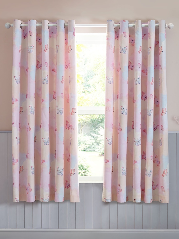 Catherine Lansfield Pink Ombre Butterflies Fully Reversible Eyelet Curtains - Image 2 of 5