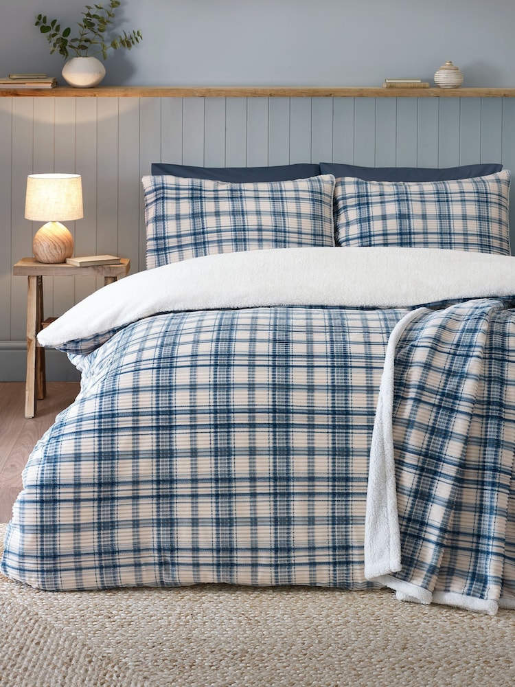 Catherine Lansfield Blue Cosy Ribbed Check Sherpa Duvet Cover and Pillowcase Set - Image 1 of 4 Catherine Lansfield Blue Cosy Ribbed Check Sherpa Duvet Cover and Pillowcase Set - Image 1 of 4