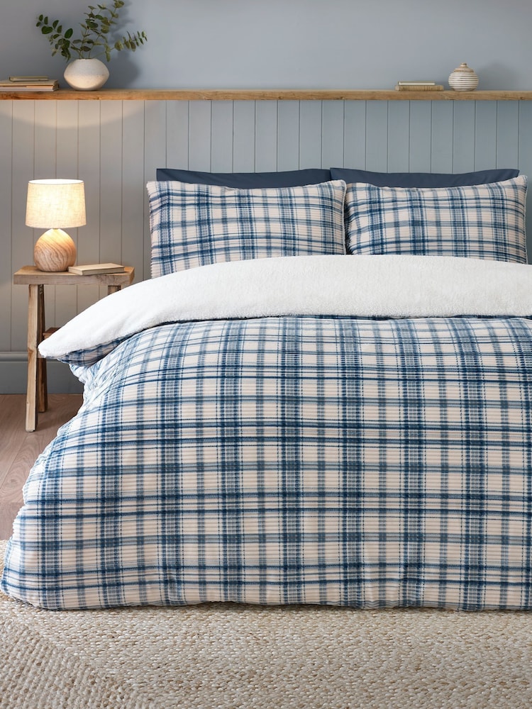 Catherine Lansfield Blue Cosy Ribbed Check Sherpa Duvet Cover and Pillowcase Set - Image 2 of 4 Catherine Lansfield Blue Cosy Ribbed Check Sherpa Duvet Cover and Pillowcase Set - Image 2 of 4
