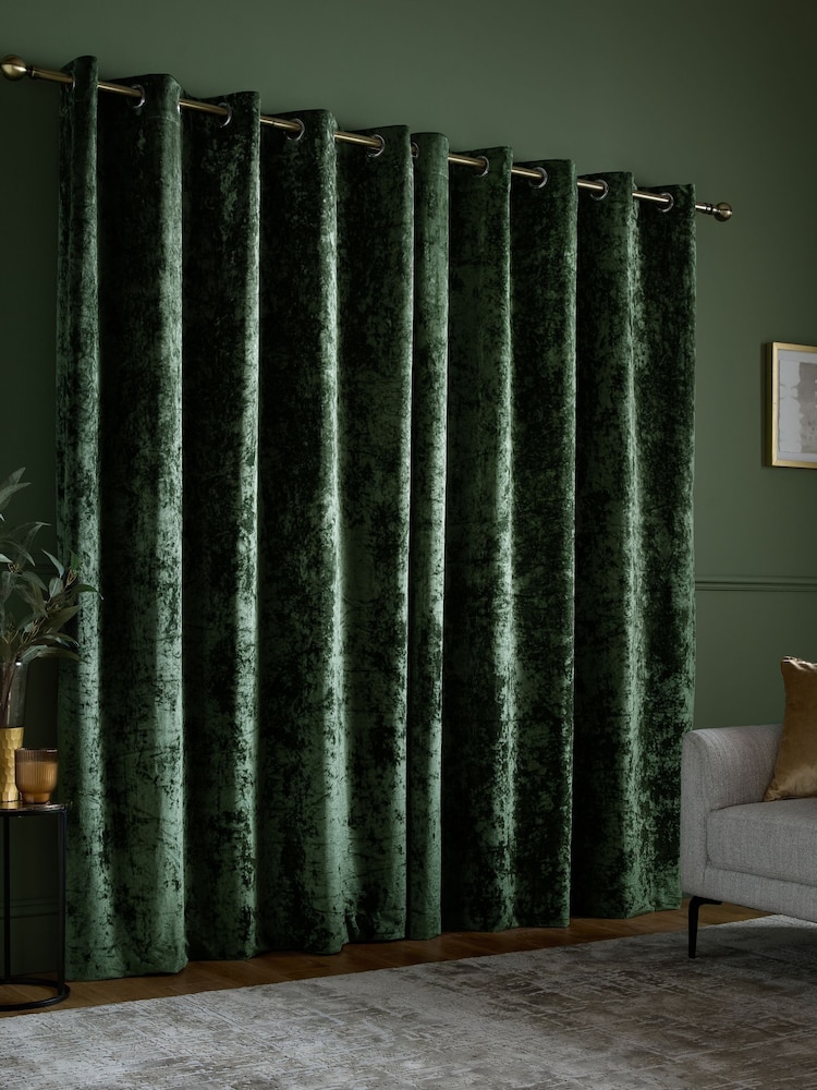 Catherine Lansfield Olive Crushed Velvet Lined Eyelet Curtains - Image 2 of 4 Catherine Lansfield Olive Crushed Velvet Lined Eyelet Curtains - Image 2 of 4