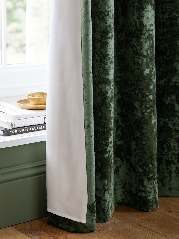 Catherine Lansfield Olive Crushed Velvet Lined Eyelet Curtains - Image 4 of 4 Catherine Lansfield Olive Crushed Velvet Lined Eyelet Curtains - Image 4 of 4