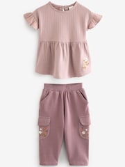 Purple Floral Embroidered Short Sleeve T-Shirt and Cargo Set (3mths-7yrs) - Image 5 of 8