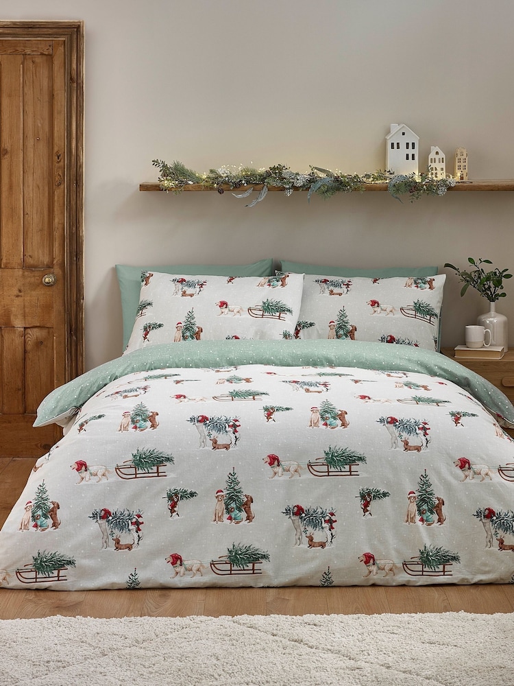 Catherine Lansfield Green Christmas Dogs Brushed Cotton Duvet Cover and Pillowcase Set - Image 2 of 5