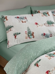 Catherine Lansfield Green Christmas Dogs Brushed Cotton Duvet Cover and Pillowcase Set - Image 4 of 5