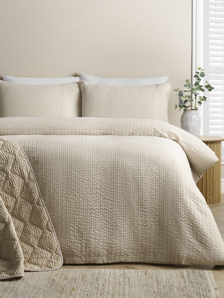 Catherine Lansfield Natural Stripe Seersucker Duvet Cover and Pillowcase Set - Image 1 of 4