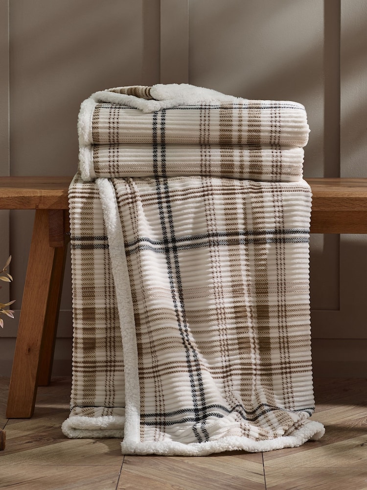 Catherine Lansfield Natural Cosy Ribbed Check Sherpa Blanket Throw - Image 1 of 3 Catherine Lansfield Natural Cosy Ribbed Check Sherpa Blanket Throw - Image 1 of 3