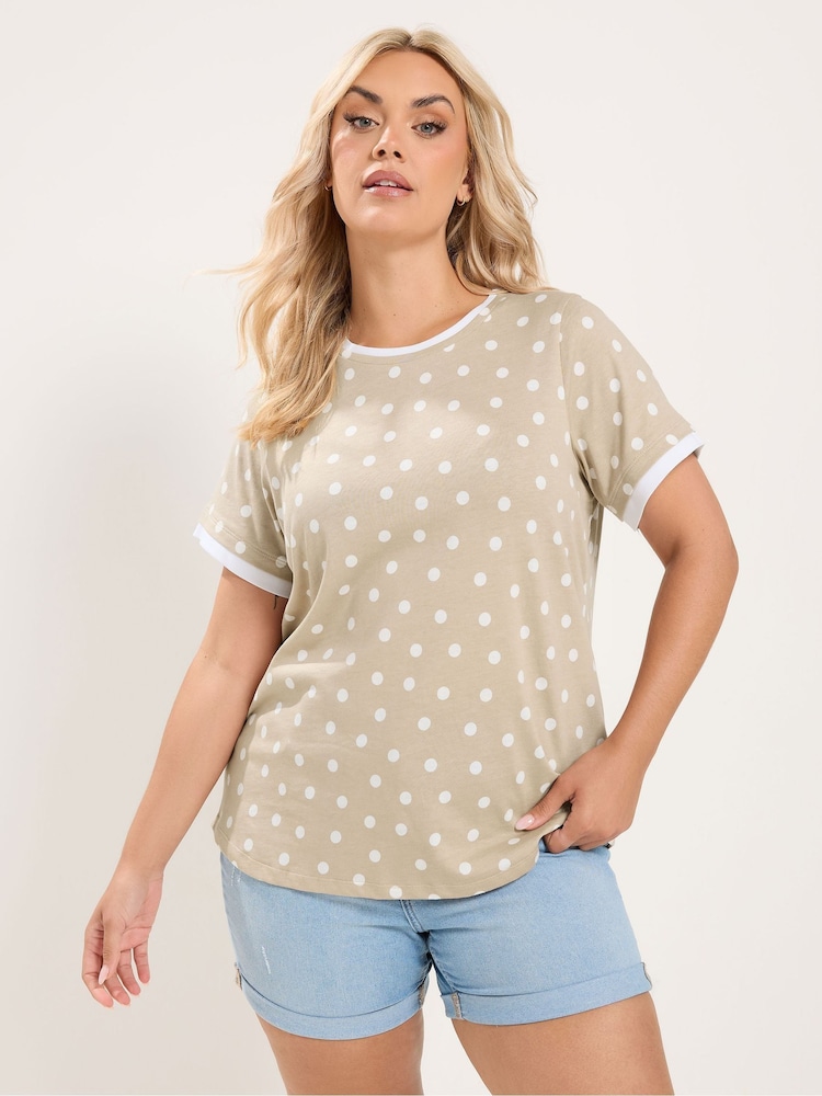 Yours Curve Brown Spot Print Contrast Sleeve Top - Image 1 of 6 Yours Curve Brown Spot Print Contrast Sleeve Top - Image 1 of 6