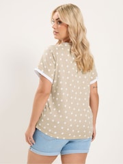 Yours Curve Brown Spot Print Contrast Sleeve Top - Image 3 of 6