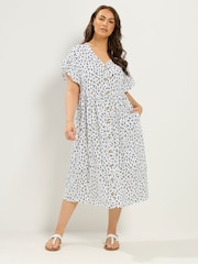 Yours Curve White Frill Sleeve Button Dress - Image 2 of 5