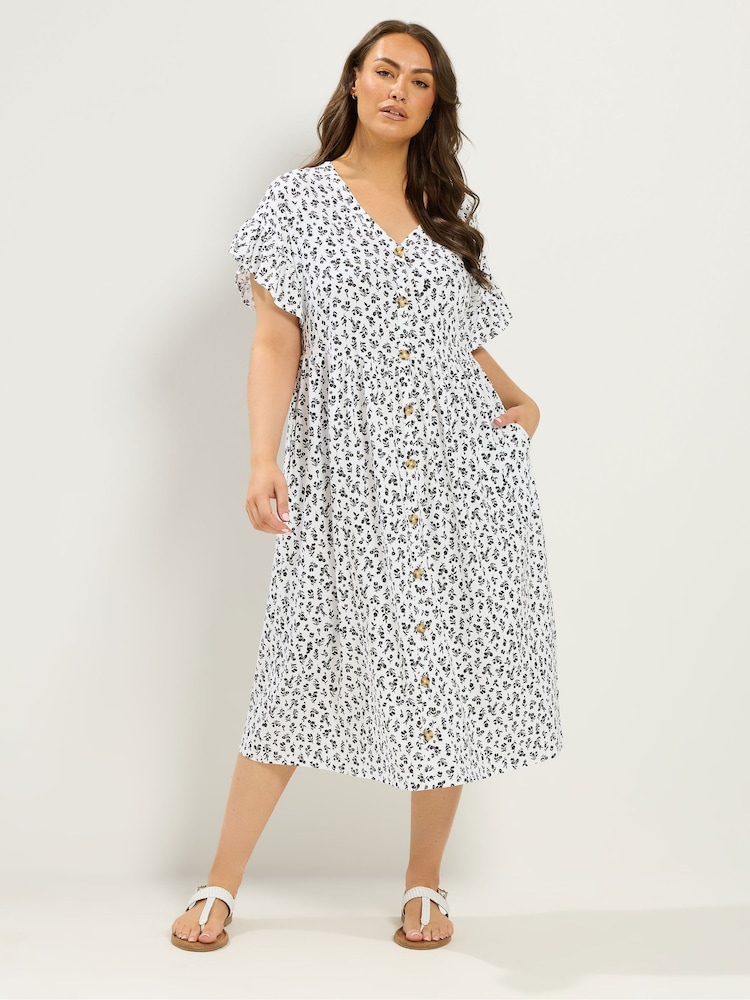 Yours Curve White Frill Sleeve Button Dress - Image 2 of 5