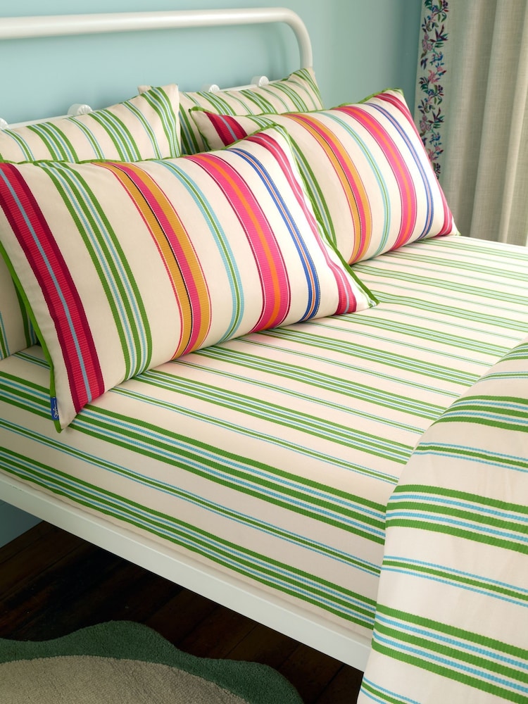 Sophie Robinson Green Stripe Cotton Fitted Sheet - Image 1 of 3 Sophie Robinson Green Stripe Cotton Fitted Sheet - Image 1 of 3