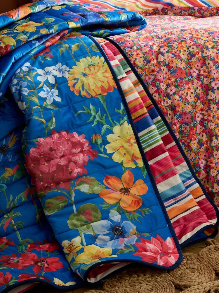 Sophie Robinson Bright Darling Floral Stripe Reversible Bedspread - Image 2 of 4 Sophie Robinson Bright Darling Floral Stripe Reversible Bedspread - Image 2 of 4
