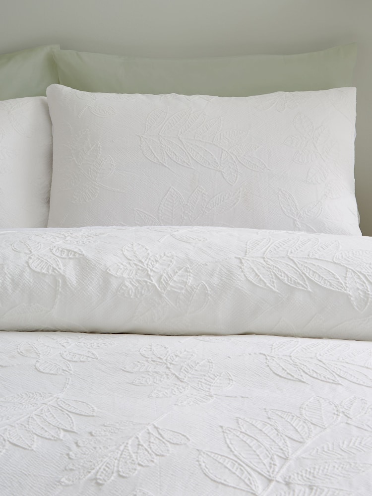Catherine Lansfield White Jacquard Leaves Duvet Cover and Pillowcase Set - Image 1 of 4
