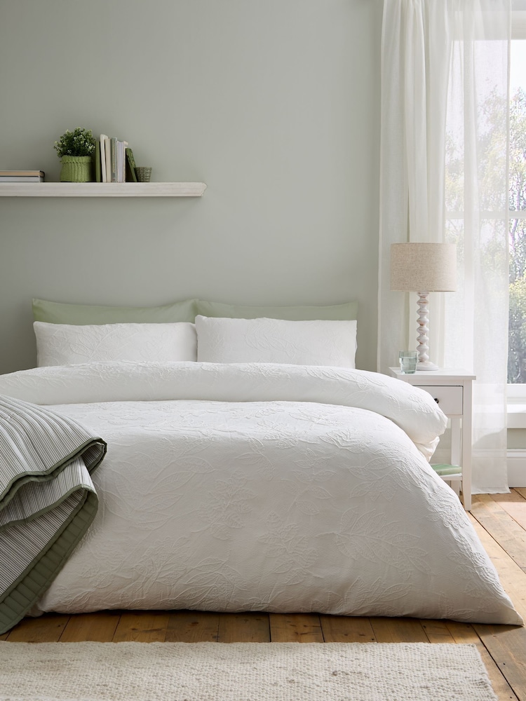 Catherine Lansfield White Jacquard Leaves Duvet Cover and Pillowcase Set - Image 2 of 4
