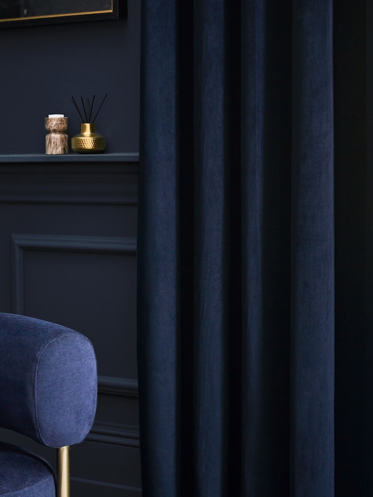 Blue Dark Navy Matte Velvet Lined Curtains - Image 3 of 7
