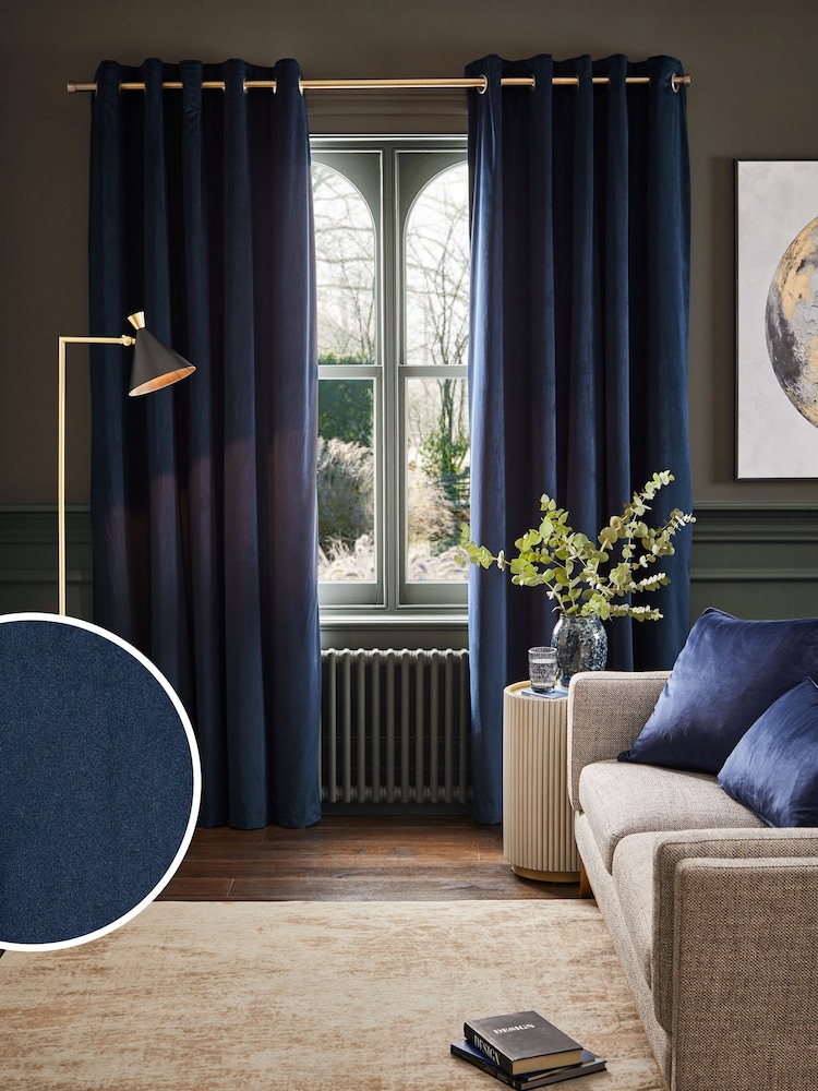 Blue Dark Navy Matte Velvet Super Thermal Curtains - Image 1 of 8