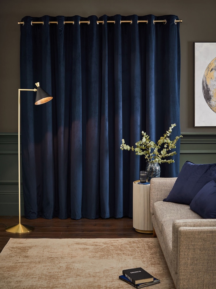 Blue Dark Navy Matte Velvet Super Thermal Curtains - Image 2 of 8
