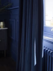 Blue Dark Navy Matte Velvet Pencil Pleat Blackout/Thermal Curtains - Image 6 of 8