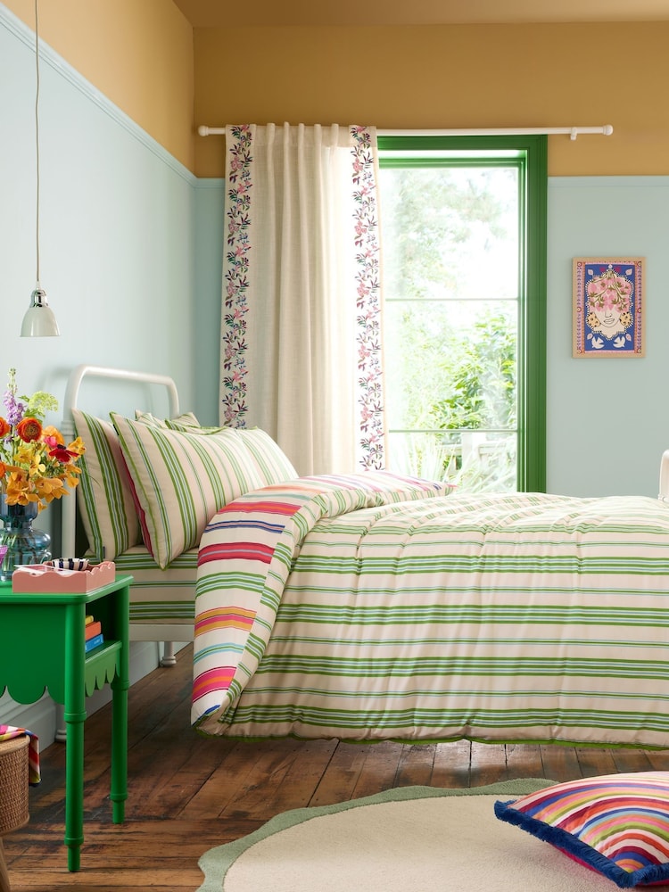 Sophie Robinson Green Sophie Stripe Cotton Reversible Duvet Cover and Pillowcase Set - Image 2 of 5 Sophie Robinson Green Sophie Stripe Cotton Reversible Duvet Cover and Pillowcase Set - Image 2 of 5