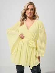 Yours Curve Yellow London Pleated Sleeve Wrap Top - Image 1 of 5