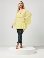Yours Curve Yellow London Pleated Sleeve Wrap Top - Image 3 of 5