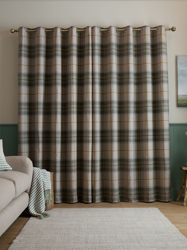Catherine Lansfield Green Brushed Glencoe Check Woven Thermal Eyelet Curtains - Image 2 of 5 Catherine Lansfield Green Brushed Glencoe Check Woven Thermal Eyelet Curtains - Image 2 of 5