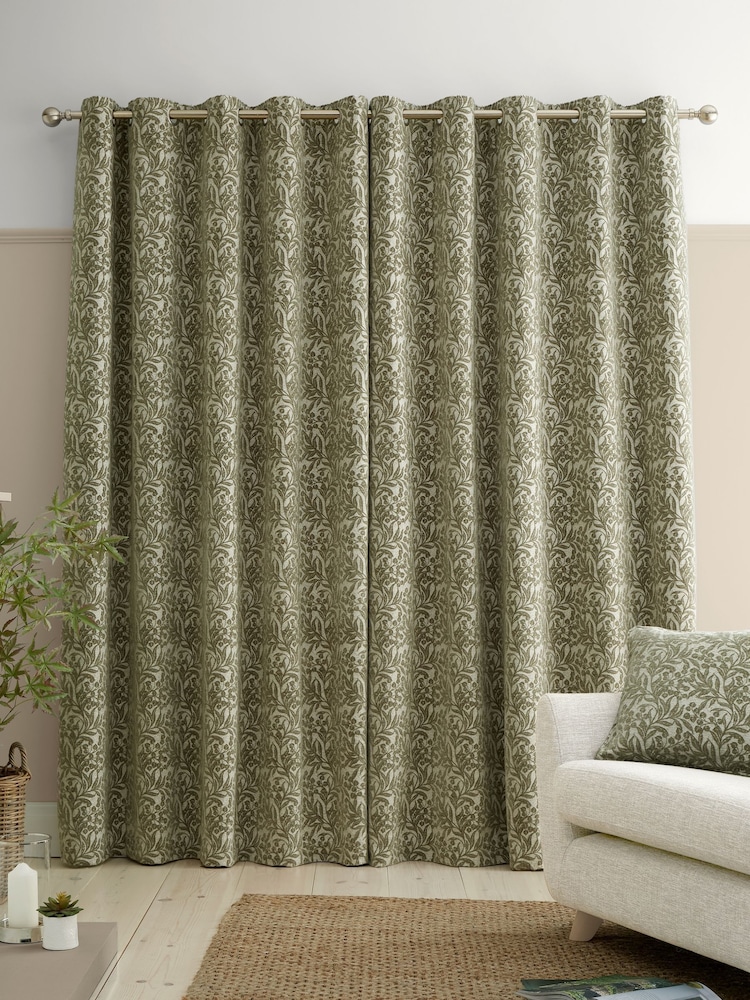 Bianca Green Chenille Leaves Lined Eyelet Curtains - Image 2 of 5 Bianca Green Chenille Leaves Lined Eyelet Curtains - Image 2 of 5