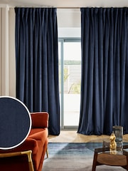 Blue Dark Navy Matte Velvet Wave Header Blackout/Thermal Curtains - Image 1 of 6