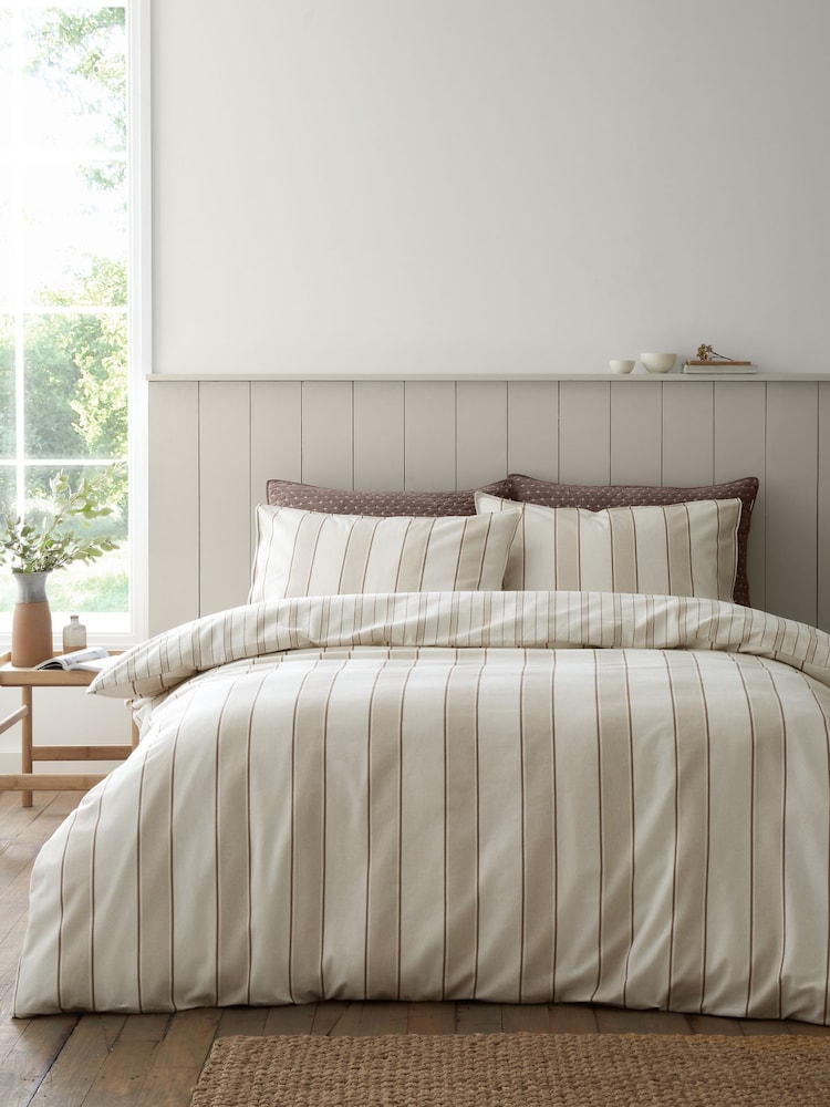 Bianca Natural Regal Stripe Brushed Cotton Duvet Cover and Pillowcase Set - Image 2 of 6