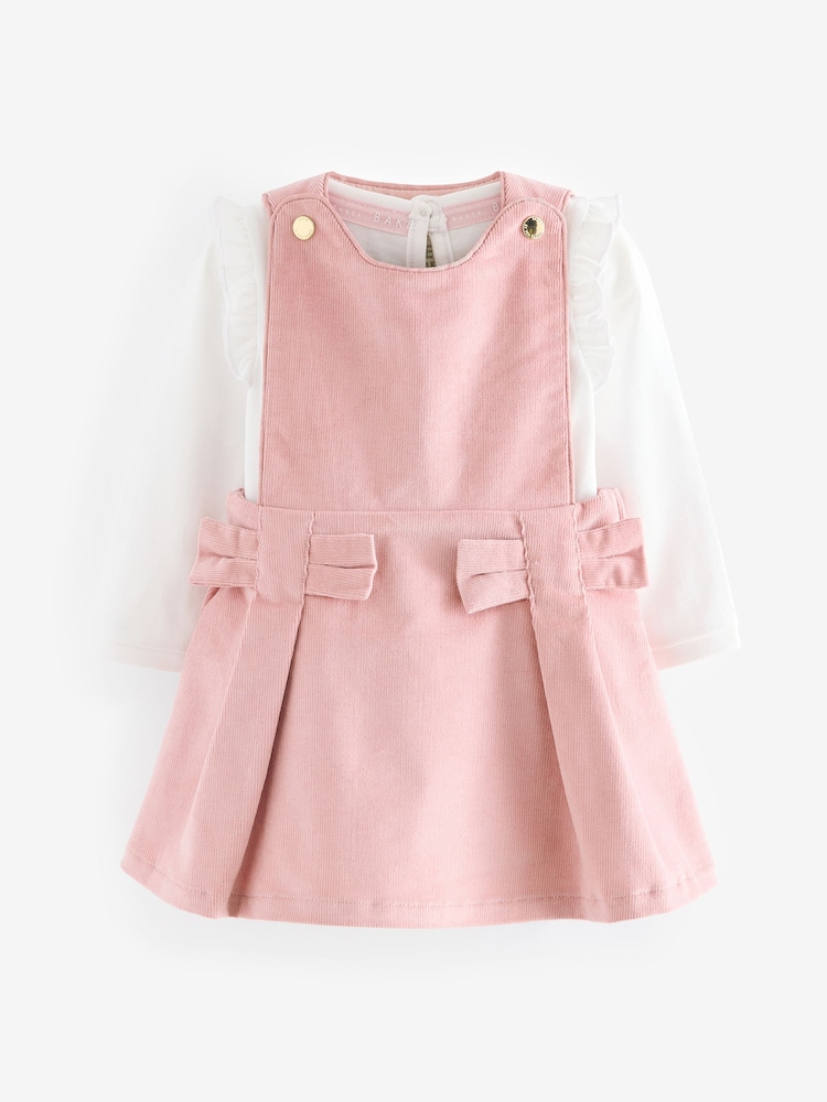 Baker by Ted Baker Pink Bow Pleat Pinafore Dress And Frill T-Shirt Set - Image 1 of 6