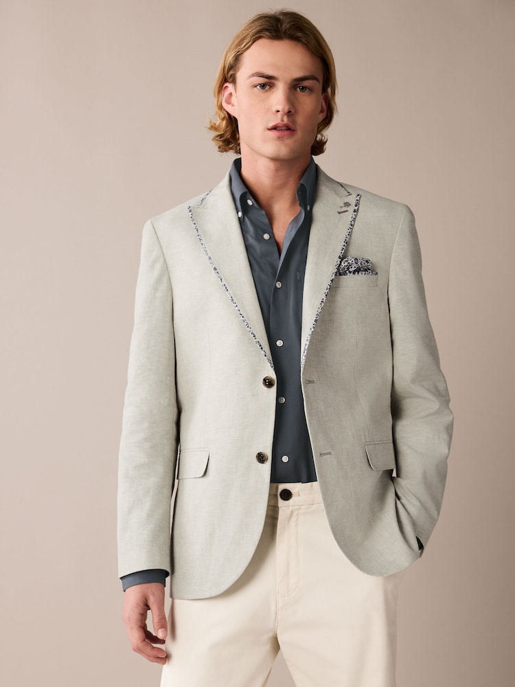 Sage Green Slim Fit Trimmed Linen Blazer - Image 1 of 11