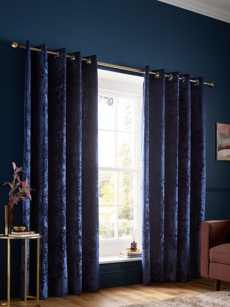 Catherine Lansfield Navy Crushed Velvet Lined Eyelet Curtains - Image 1 of 4 Catherine Lansfield Navy Crushed Velvet Lined Eyelet Curtains - Image 1 of 4