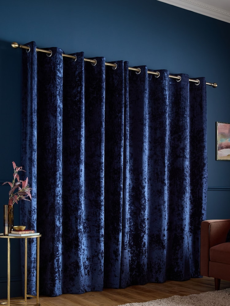 Catherine Lansfield Navy Crushed Velvet Lined Eyelet Curtains - Image 2 of 4 Catherine Lansfield Navy Crushed Velvet Lined Eyelet Curtains - Image 2 of 4