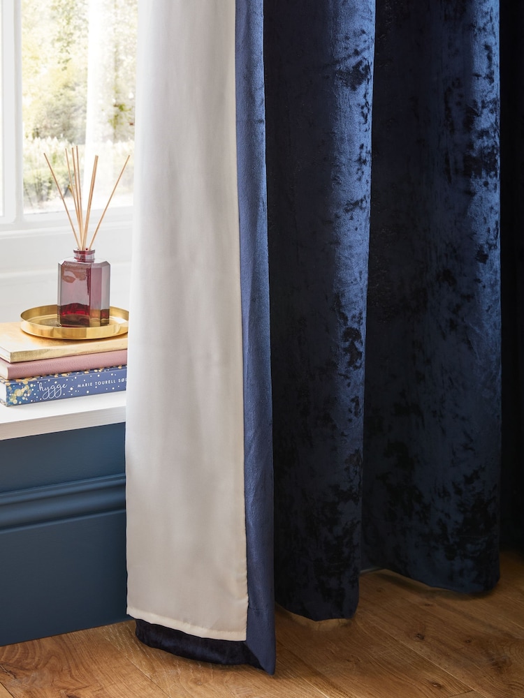 Catherine Lansfield Navy Crushed Velvet Lined Eyelet Curtains - Image 4 of 4 Catherine Lansfield Navy Crushed Velvet Lined Eyelet Curtains - Image 4 of 4
