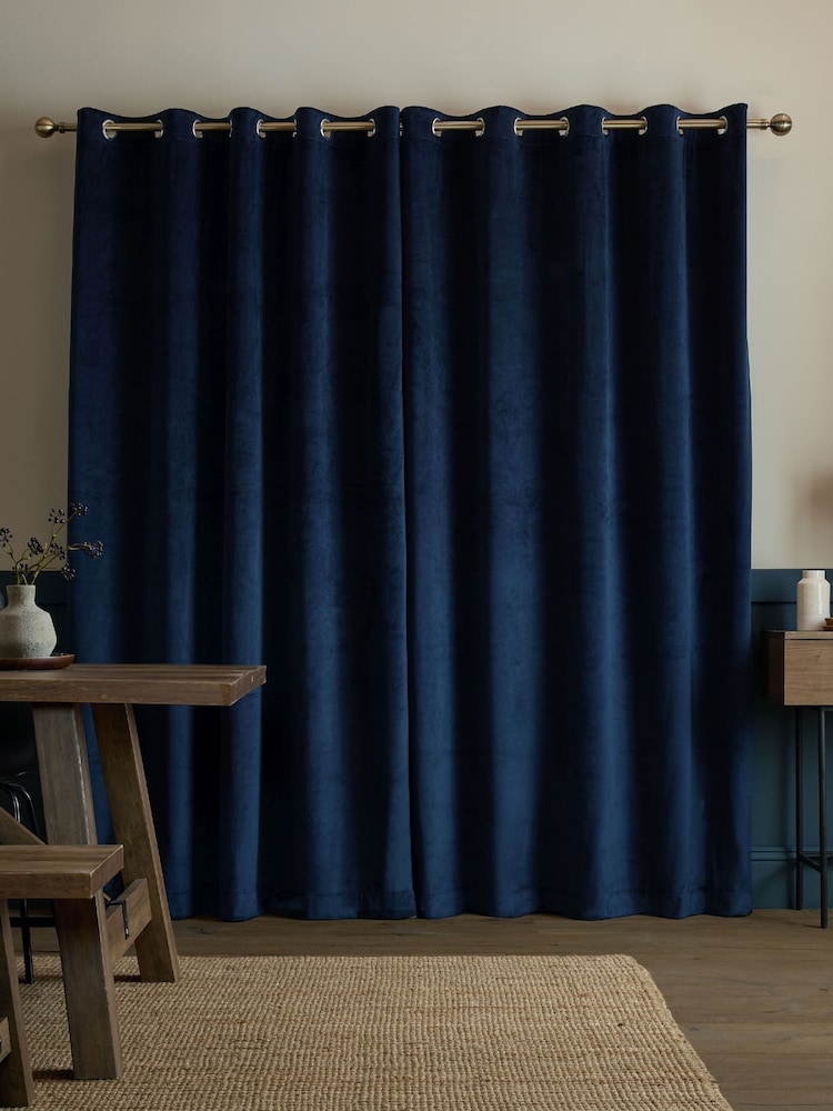 Catherine Lansfield Navy Super Thermal Blackout Matt Velour Eyelet Curtains - Image 2 of 5 Catherine Lansfield Navy Super Thermal Blackout Matt Velour Eyelet Curtains - Image 2 of 5