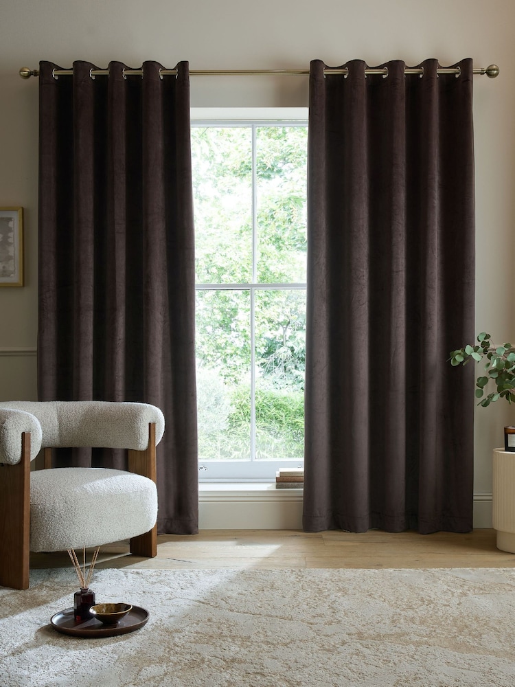 Catherine Lansfield Chocolate Super Thermal Blackout Matt Velour Eyelet Curtains - Image 1 of 5 Catherine Lansfield Chocolate Super Thermal Blackout Matt Velour Eyelet Curtains - Image 1 of 5